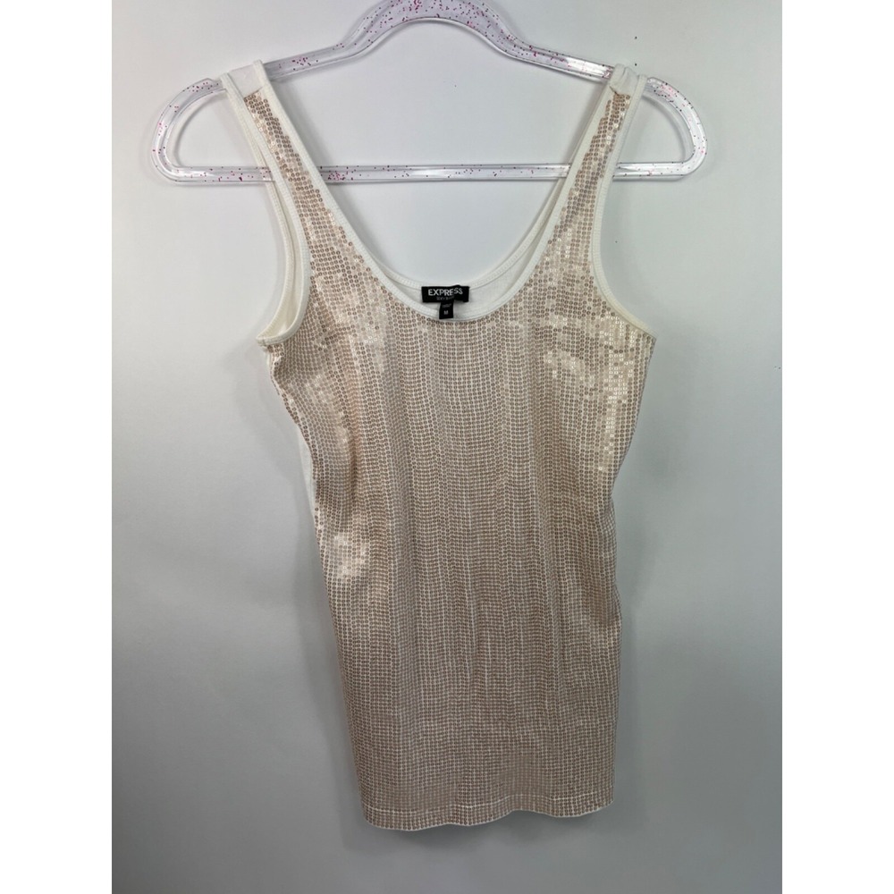 Express Sexy Basic Tank Top Women's Sz M White/Gold Sequin Front Sleeveless